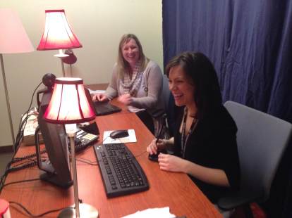 Allison DeDonato (left) and Sarah Finley get ready for January's webinar. The topic - Disaster Preparedness for Seniors.