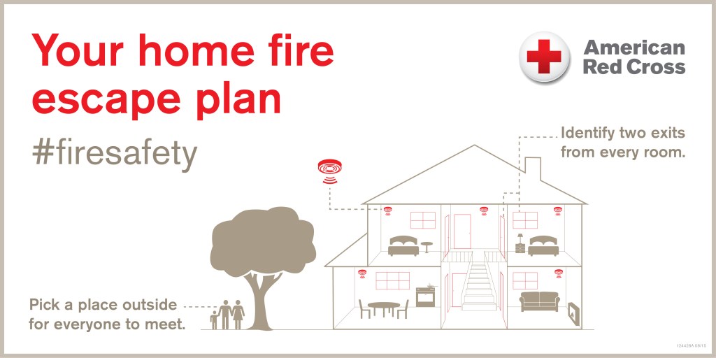 Home Fire Safety Illustration - have two exits from every room and meet outside
