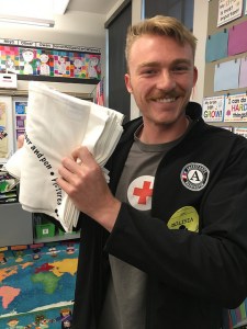 Volunteer with pillow cases